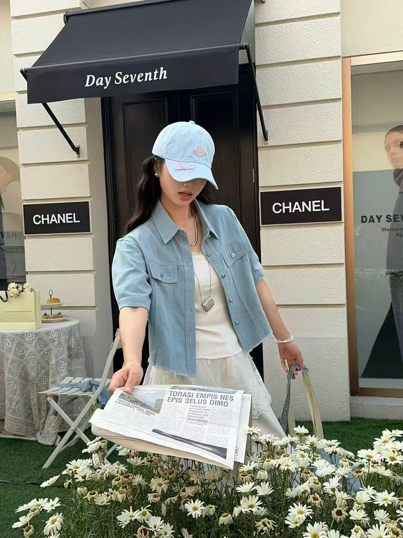 女设计感港风宽松型夏季短款上衣水洗韩版春夏蓝色短外套短袖