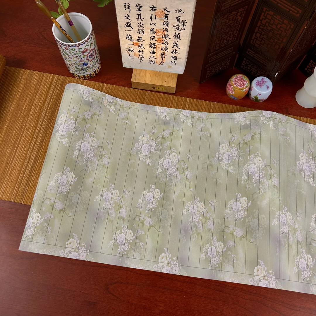 60.绿色花卉长卷蜡染半生熟34cm*10m