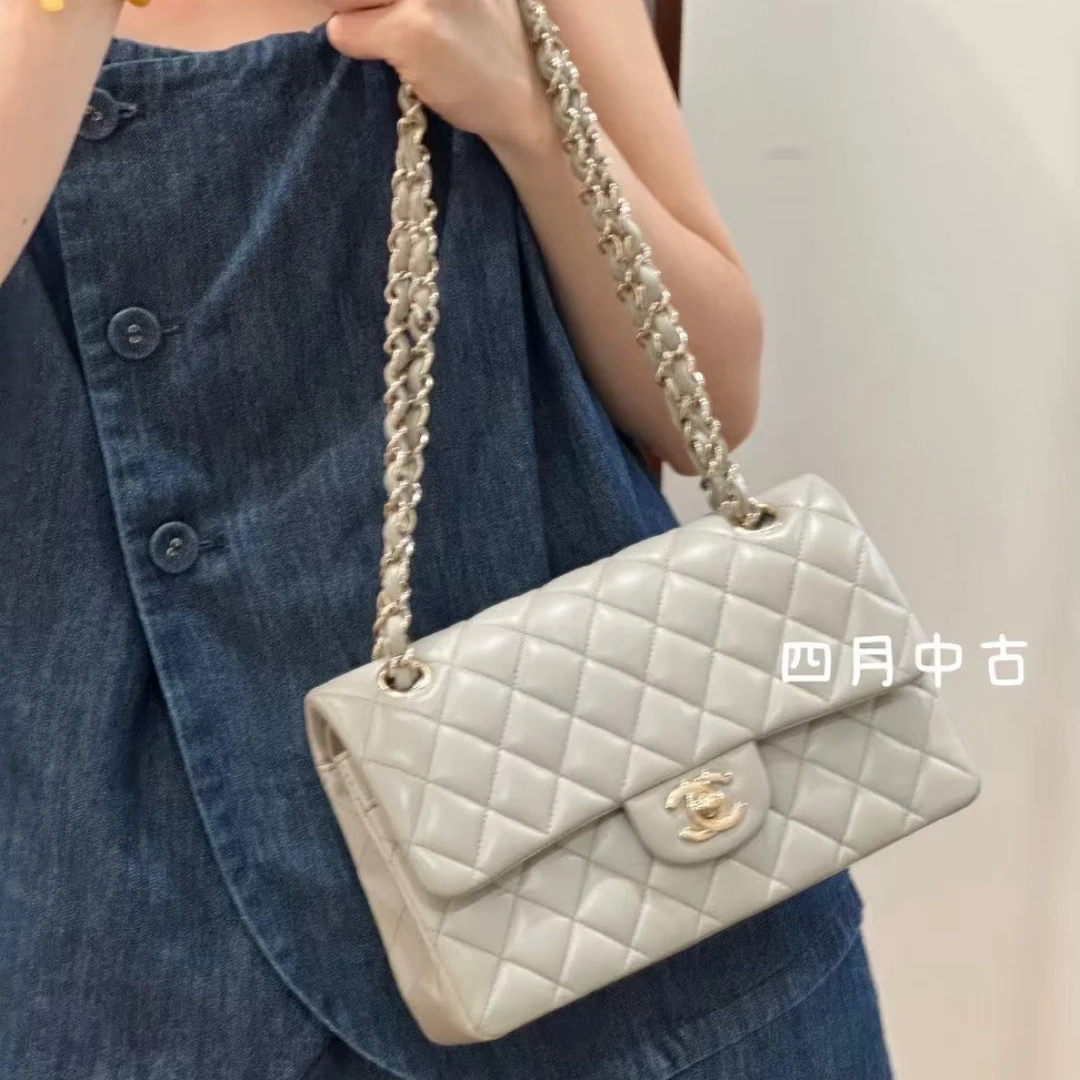 95新 Chanel/香奈儿 鼠尾草灰cf小号包包 芯片22年 51457