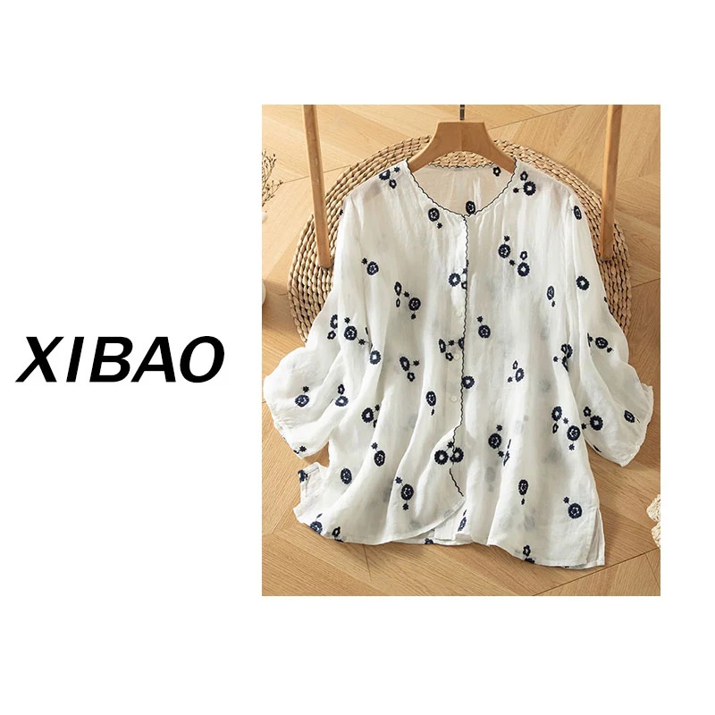 【重工刺绣】100麻刺绣七分袖开衫文艺小衫