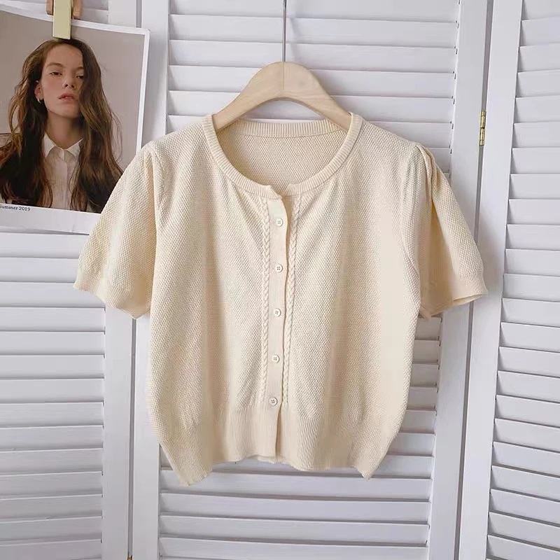 复古短袖针织衫短款小外套女2024新款夏季薄款配裙子开衫上衣外搭