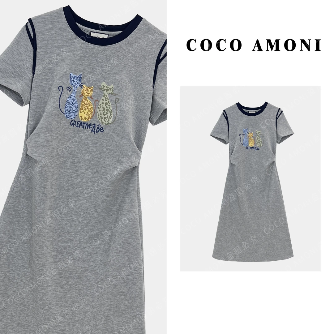 2025夏日轻奢爆款拼接重工立体刺绣小猫气质显瘦连衣裙AC273