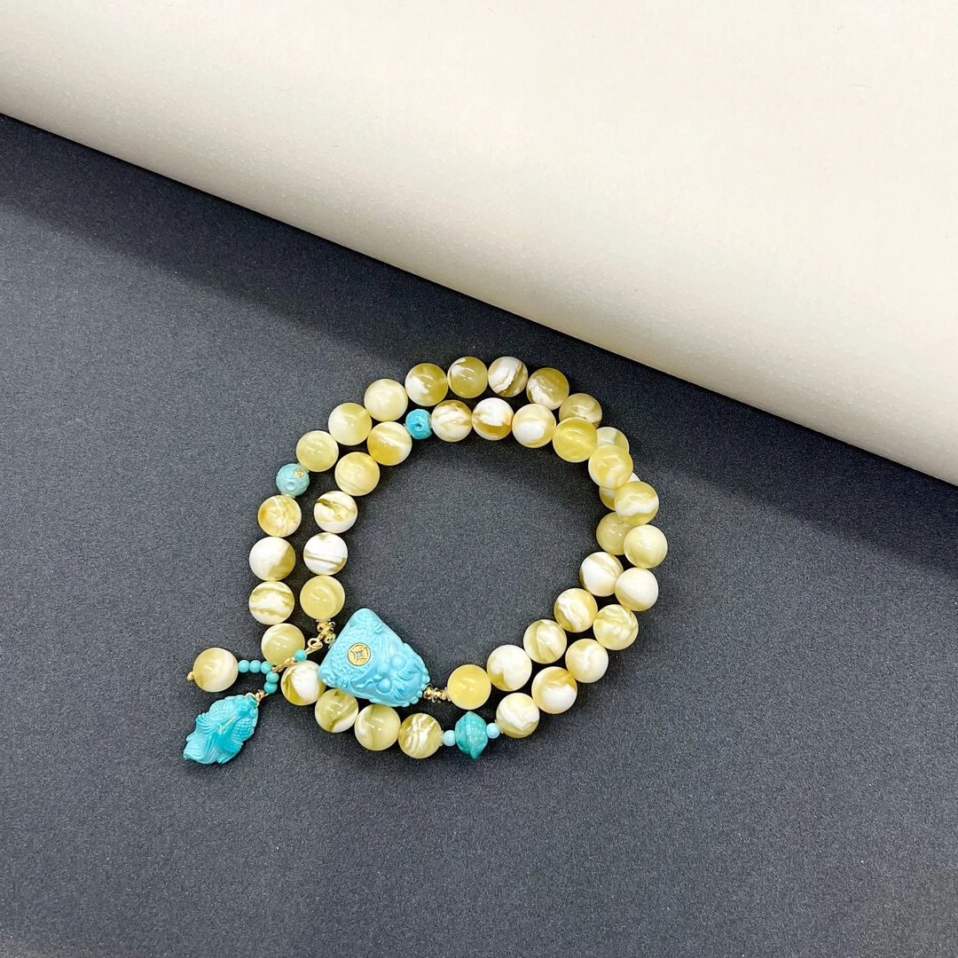 【润家原创】天然琥珀蜜蜡8mm金瓷白DIY绿松吞金兽18K金双圈#6341