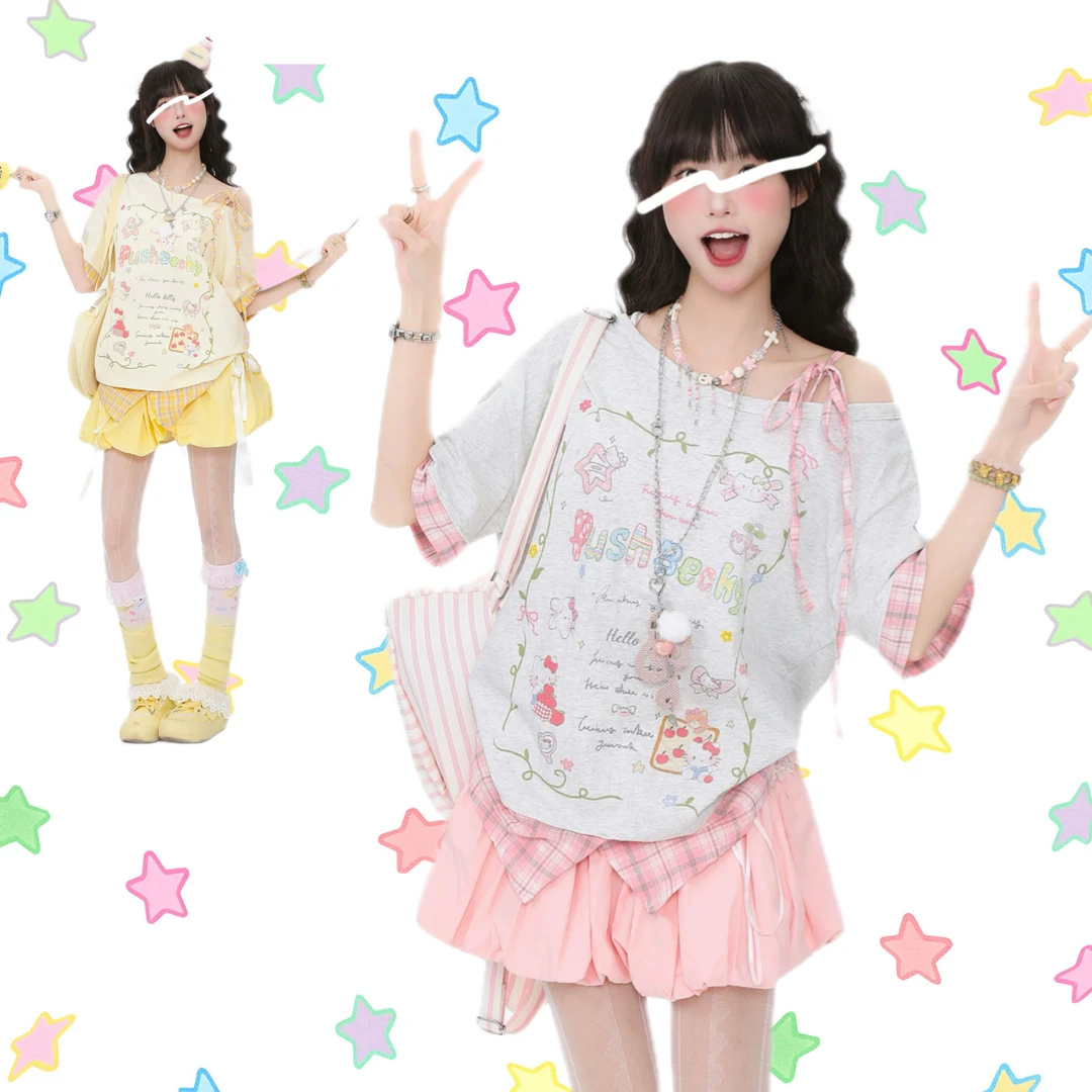 【粉色KT游乐园两件套】甜美印花假两件露肩女夏季新款辣妹风斜肩