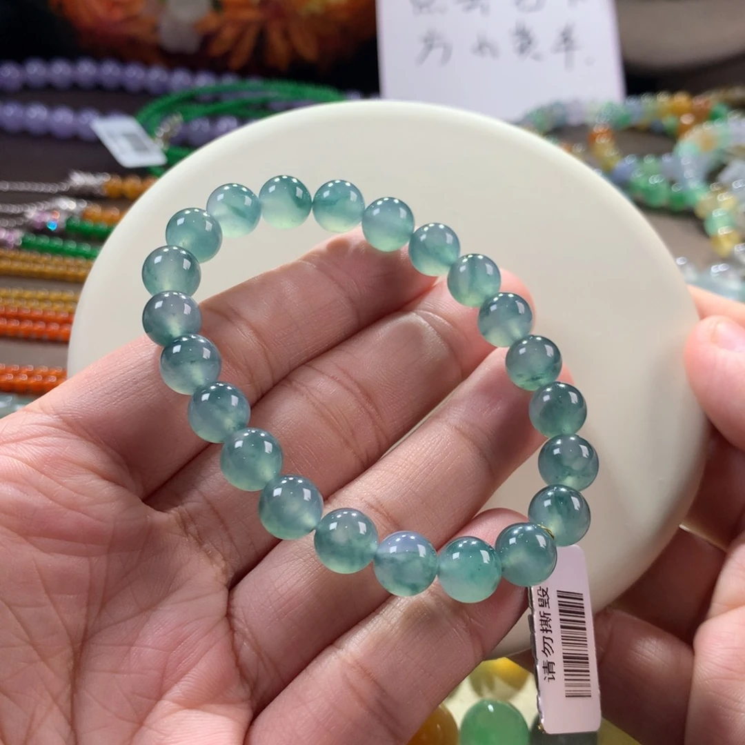 翡翠手链未镶嵌冰胶果冻底孔雀蓝手串卡8➕