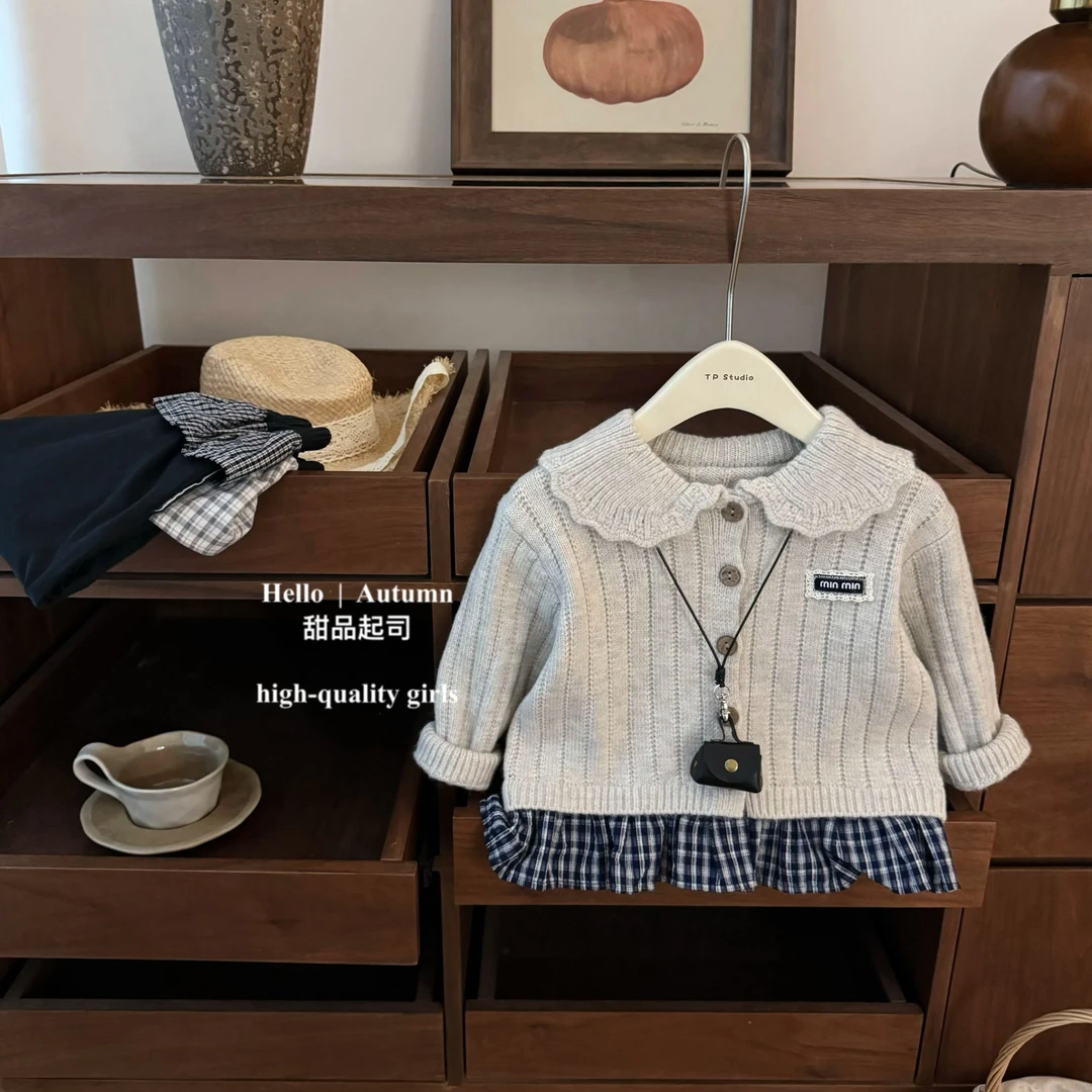 【甜品起司】miu系！女宝宝格子花边毛衣洋气翻领针织开衫外套装