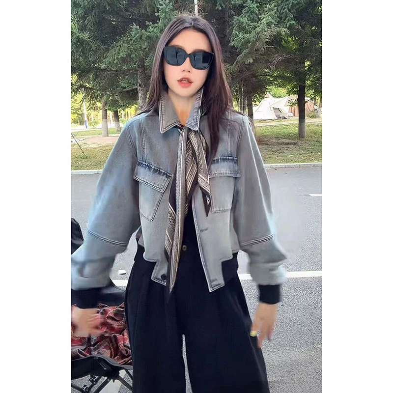 复古水洗做旧宽松翻领牛仔外套女2025年秋季新款美式重工修身夹克