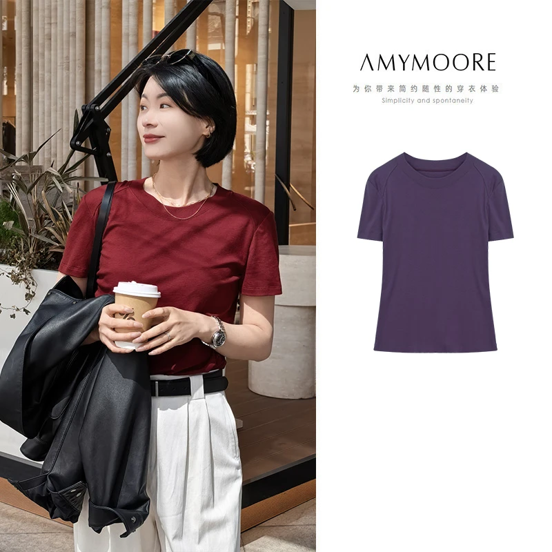 AMYMOORE艾莫尔女夏季女T恤针织短袖红色时尚圆领紫色舒适321118