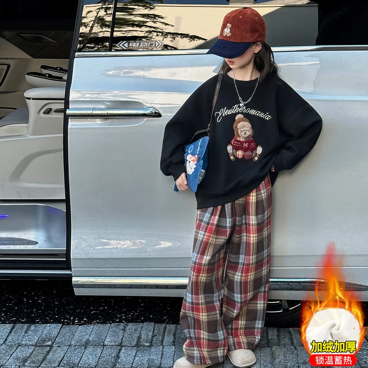 女童加绒卫衣套装秋冬2025新款儿童加厚格子阔腿裤女孩大童两件套