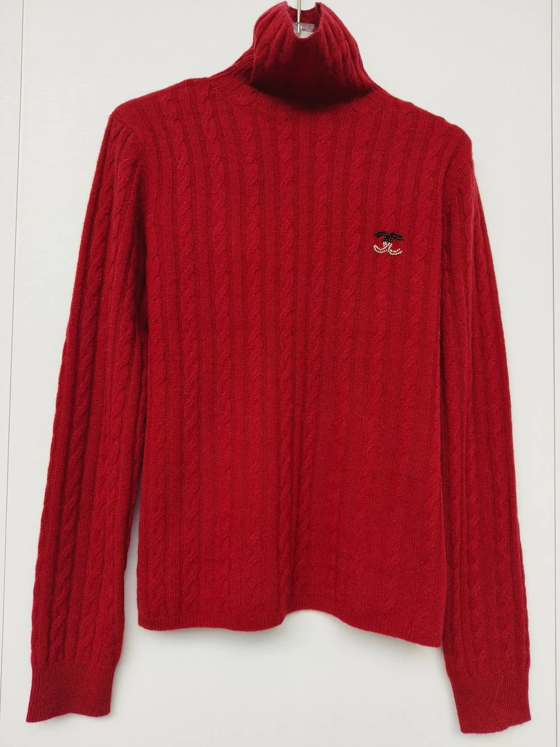 100%山羊绒手工钉珠高领麻花女套头款毛针织衫时尚软糯上衣--2198