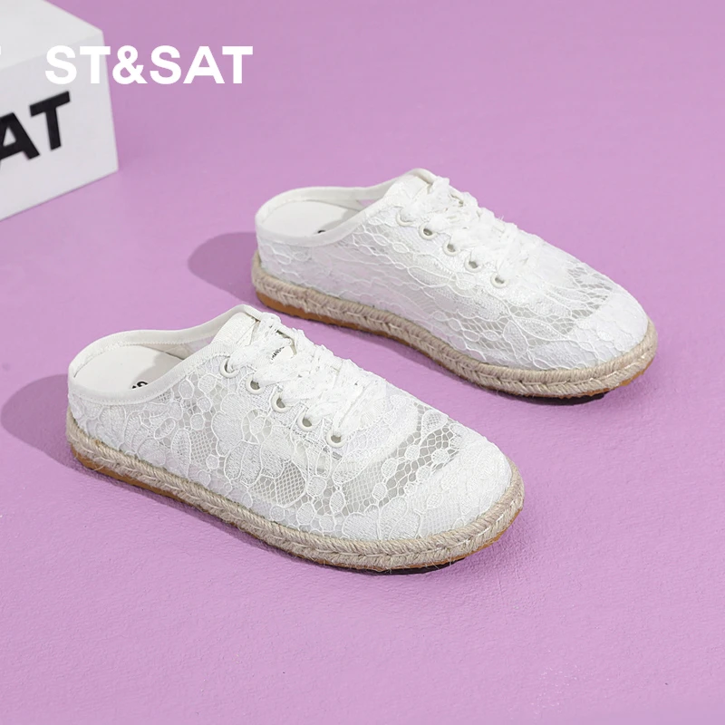 星期六隐形内增高半拖2025夏季新款网面透气蕾丝休闲鞋一脚蹬凉鞋