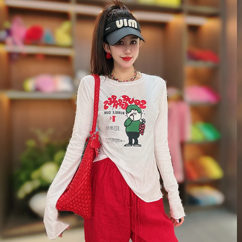 夏装时尚韩版圆领长袖印花卡通T恤女士修身显瘦百搭内搭上衣打底1