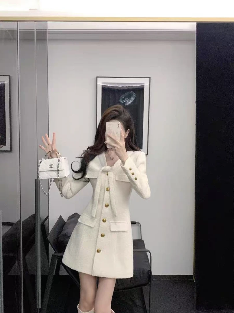 秋季显瘦撞色法式连衣裙收腰气质小个子名媛小香风时尚连衣裙