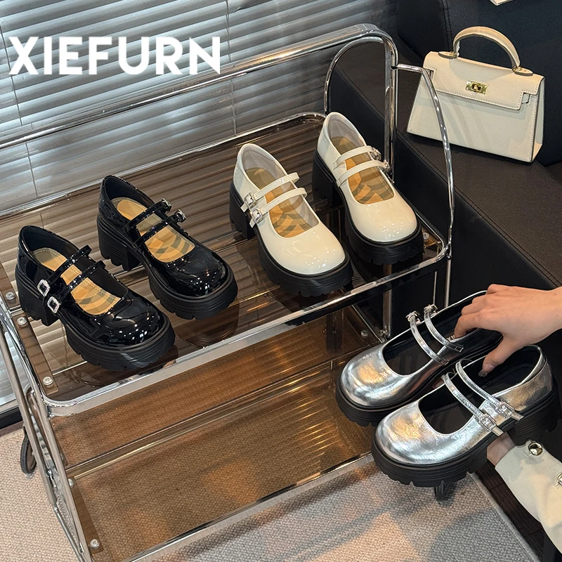 XIEFURN/鞋夫人百搭玛丽珍厚底小皮鞋女2025新款法式增高浅口单鞋