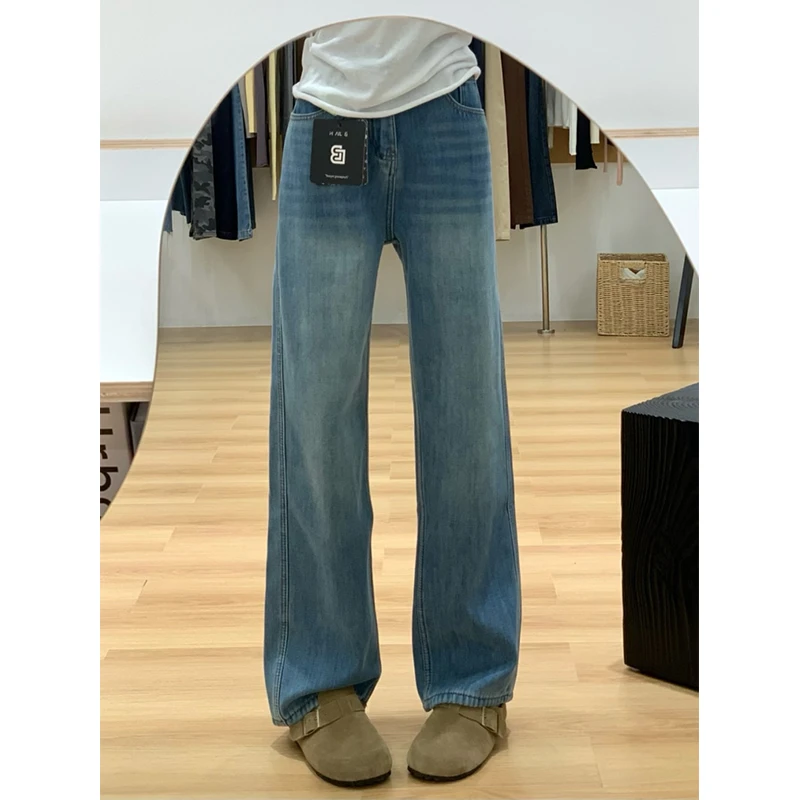 175高个子加长版170秋冬高腰宽松牛仔裤女高腰显瘦浅蓝色直筒长裤