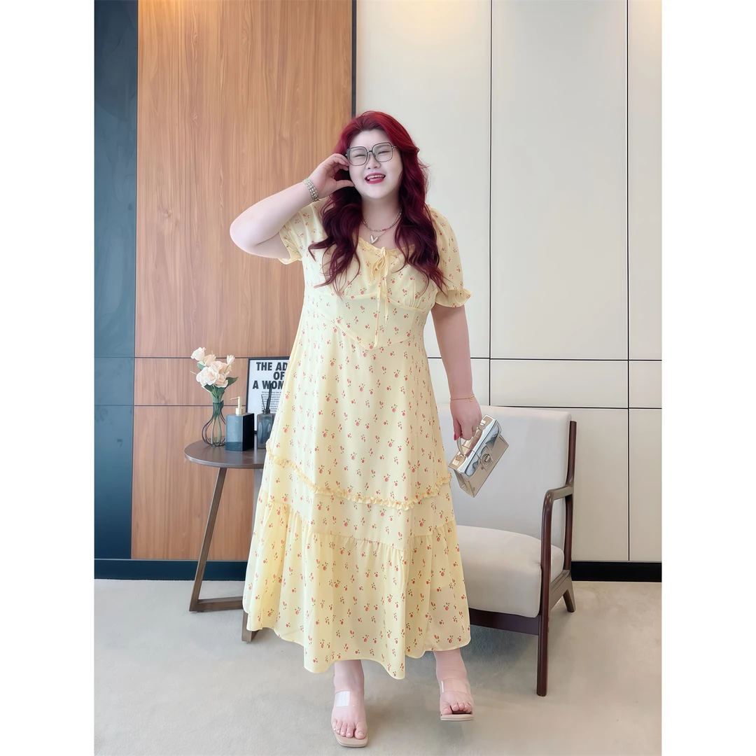 大码女装夏季气质花契200斤胖mm碎花显瘦方领甜美初恋长裙14964