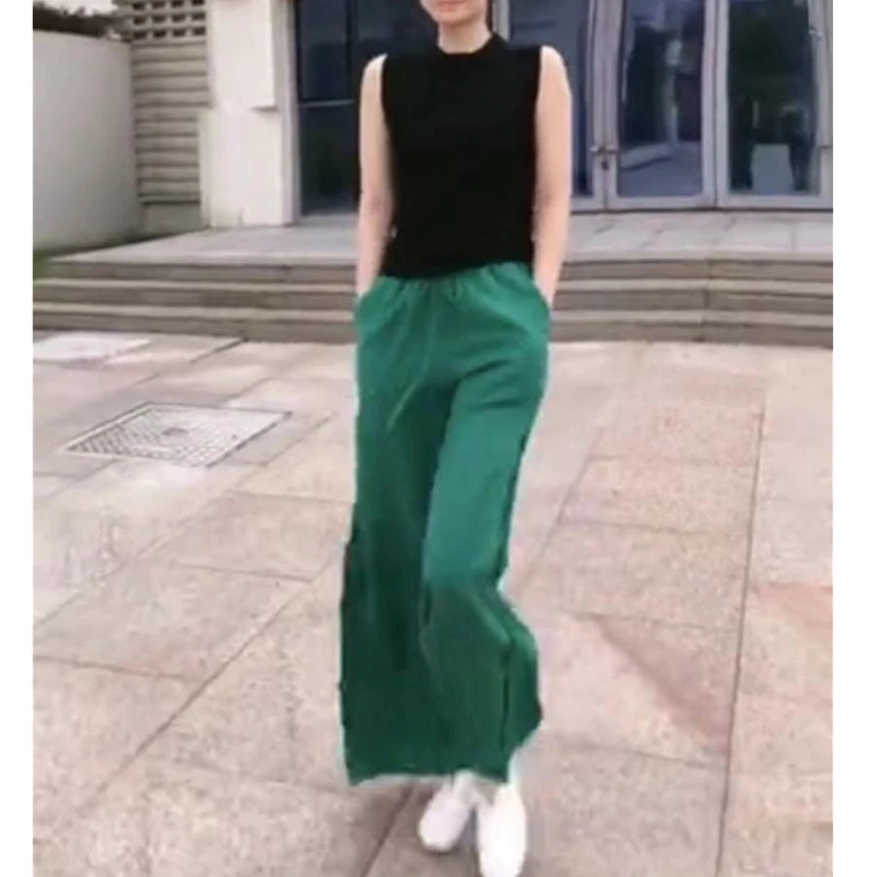 夏季新款欧货黑色无袖背心绿色高腰阔腿裤女