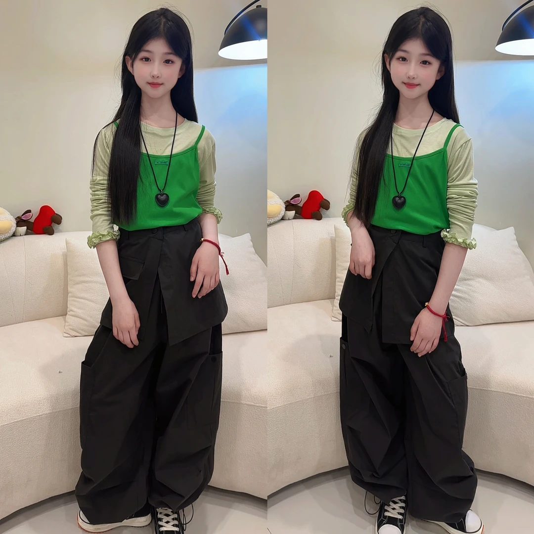 小众设计感撞色叠穿长袖花边木耳T恤+吊带背心两件套上衣女