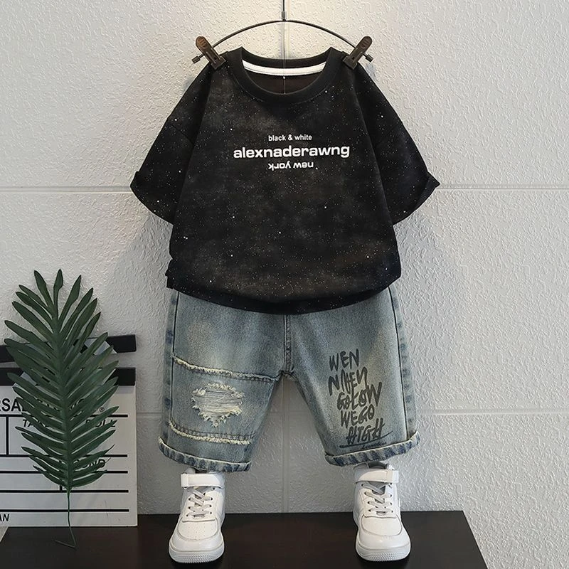 儿童夏季T恤2025新款男童韩范短袖薄款衣服宝宝夏款网红炸街套装