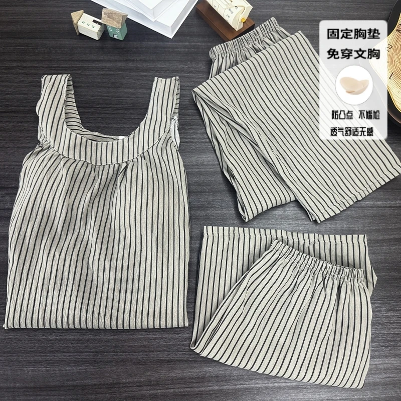 睡衣女款爆款2025新款云朵棉短袖短裤条纹带胸垫学生家居服三件套