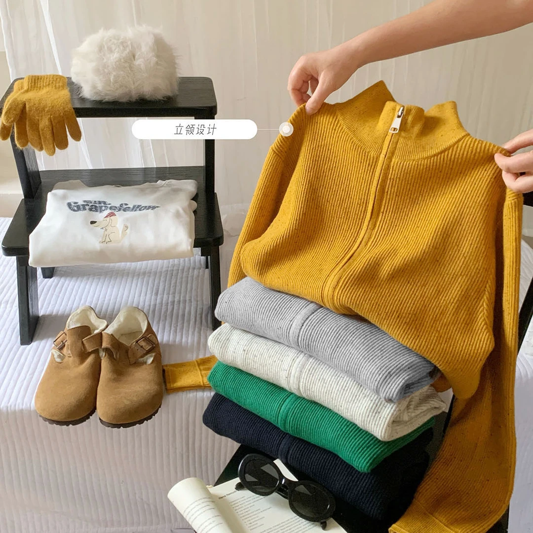 韩系双拉链混色芝麻点毛衣外套女秋冬立领小众休闲运动感针织开衫