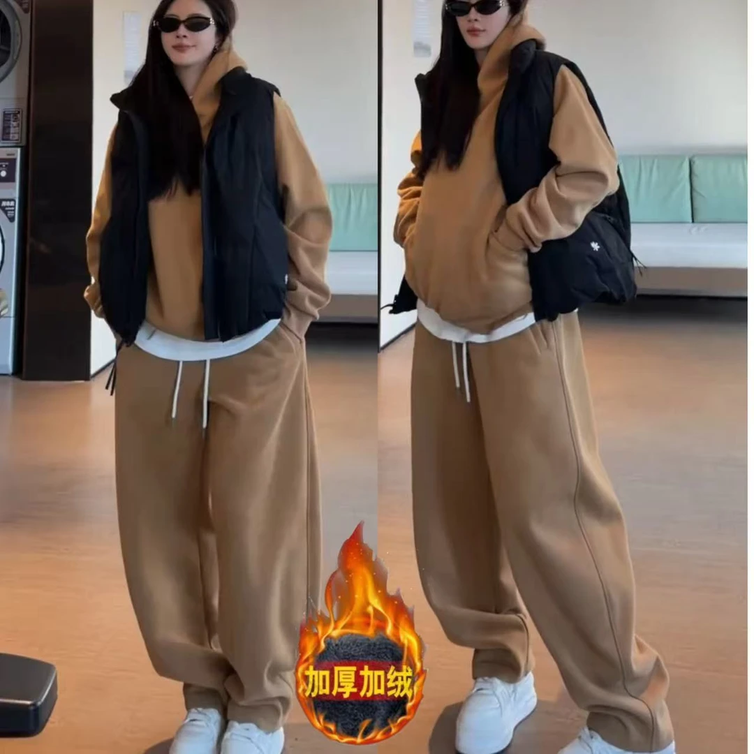 秋冬新款加绒加厚男士运动休闲套装百搭连帽卫衣阔腿卫裤两件套