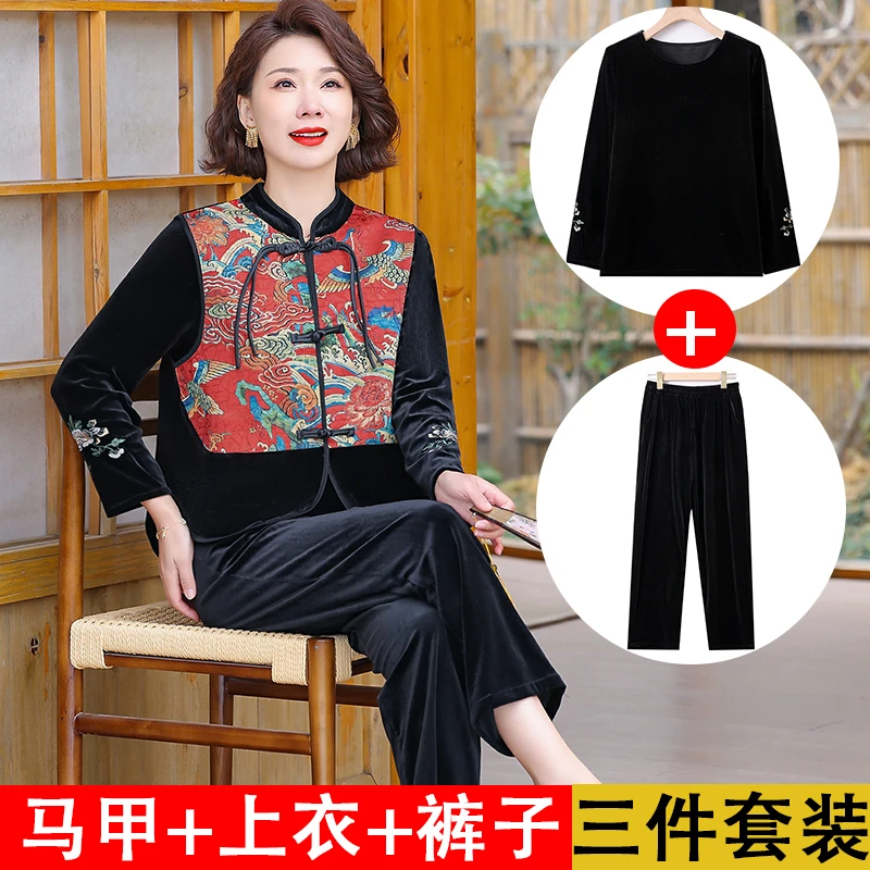 长袖金丝休闲风民族风三件套妈妈装宽松型中老年女装植物花卉马夹