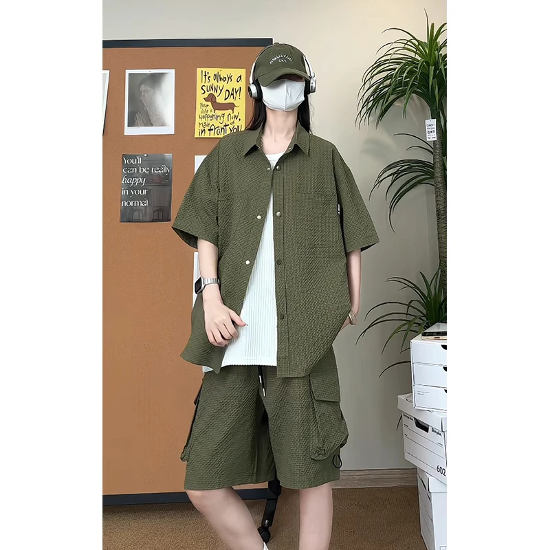 2025夏季薄款衬衫套装男女时尚简约百搭高级感短袖衬衣短裤两件套