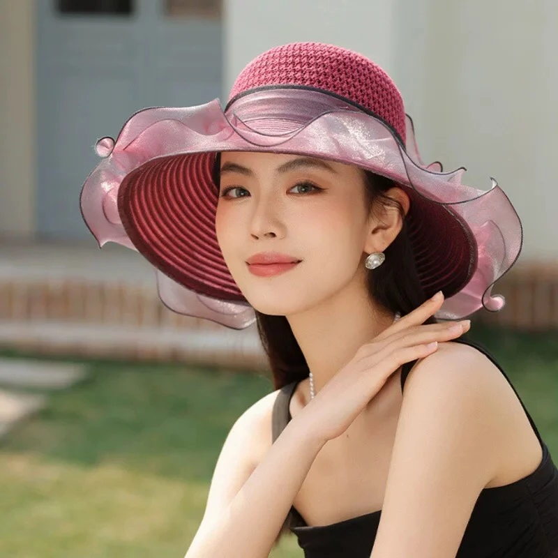 高级感气质优雅大沿帽女神欧根纱透气波浪边防晒帽夏季遮阳帽