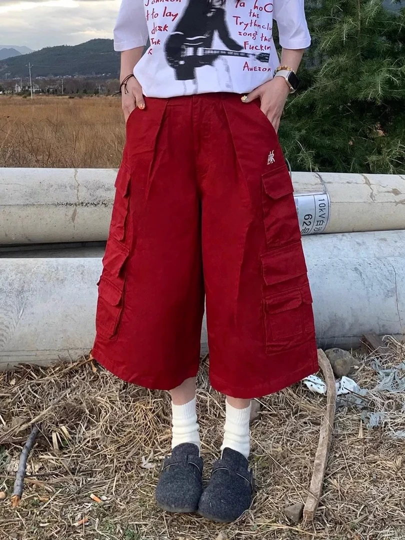 美式复古红色多口袋工装牛仔短裤女夏季高街设计感宽松七分阔腿裤