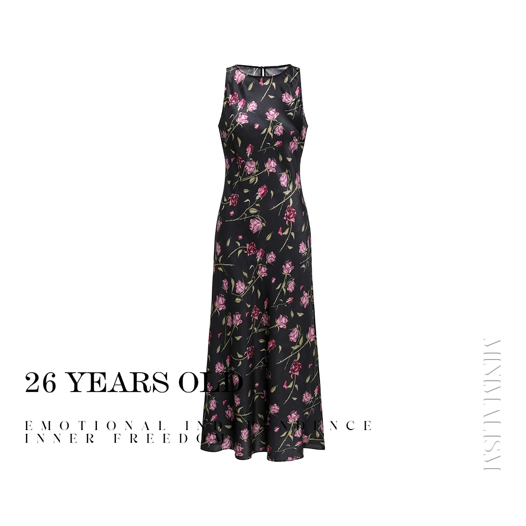 26YEARSOLD气质复古圆领无袖玫瑰花印花修身显瘦连衣裙25SS-3383Z