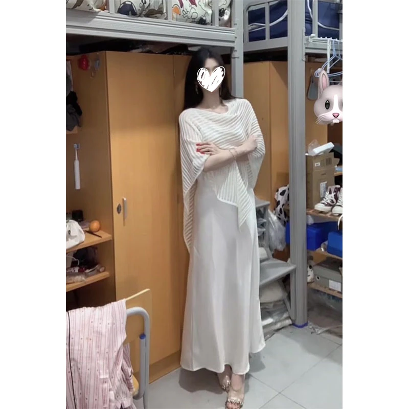 不规则气质斜肩针织防晒罩衫女夏季时尚套装缎面吊带连衣裙两件套
