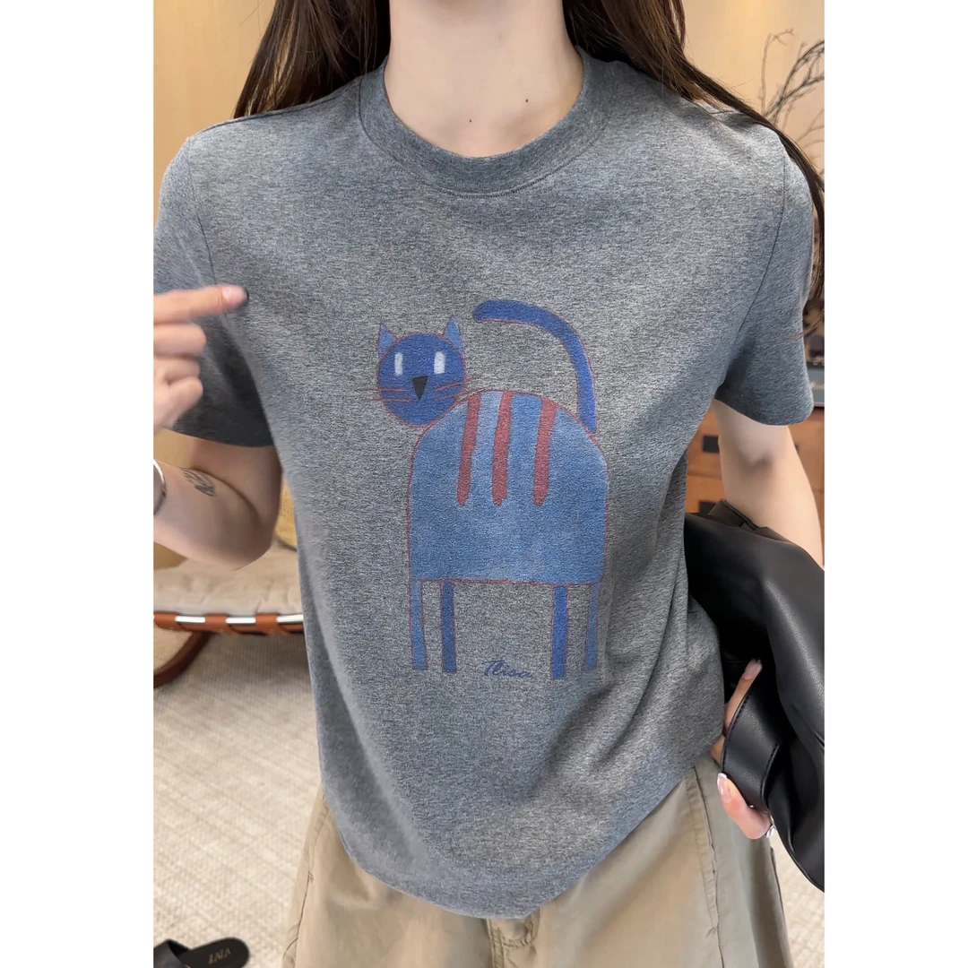 小静静一会【蓝色小猫T恤】简约薄款气质休闲百搭短袖上衣2507C3996