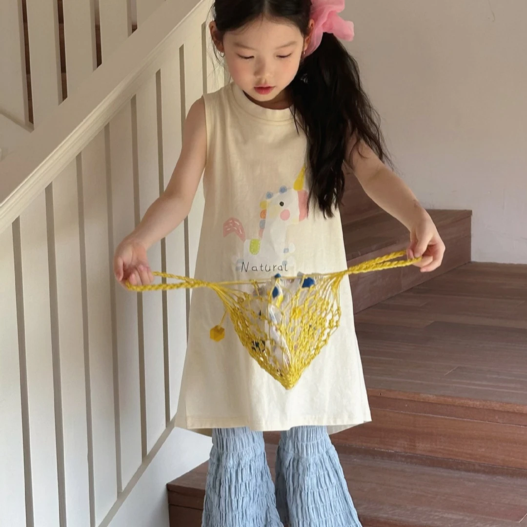 2025夏季韩版女童后背开叉长款T恤 卡通印花T恤