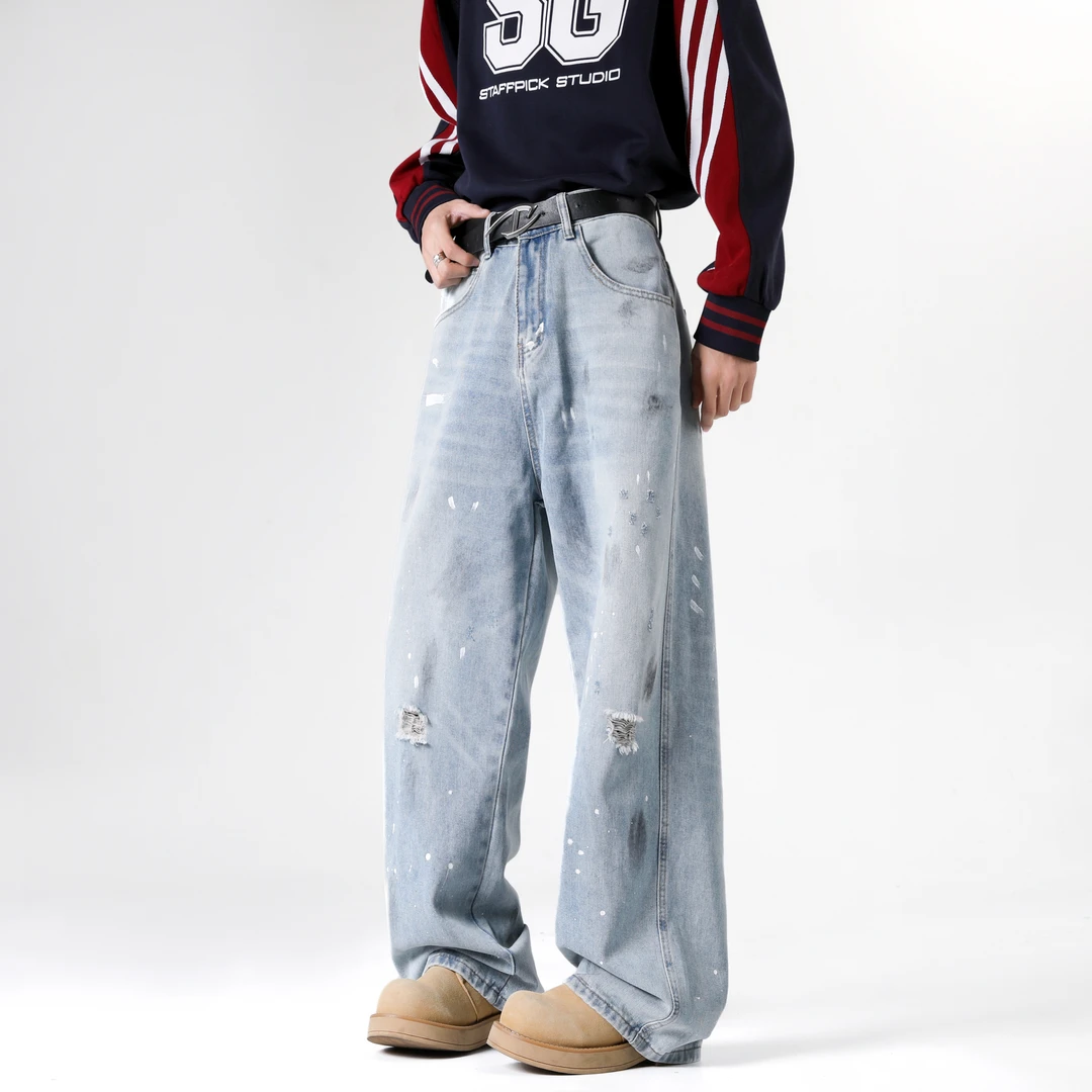 春夏新款美式复古水洗做旧牛仔裤男士显瘦直筒痞帅修身牛仔长裤