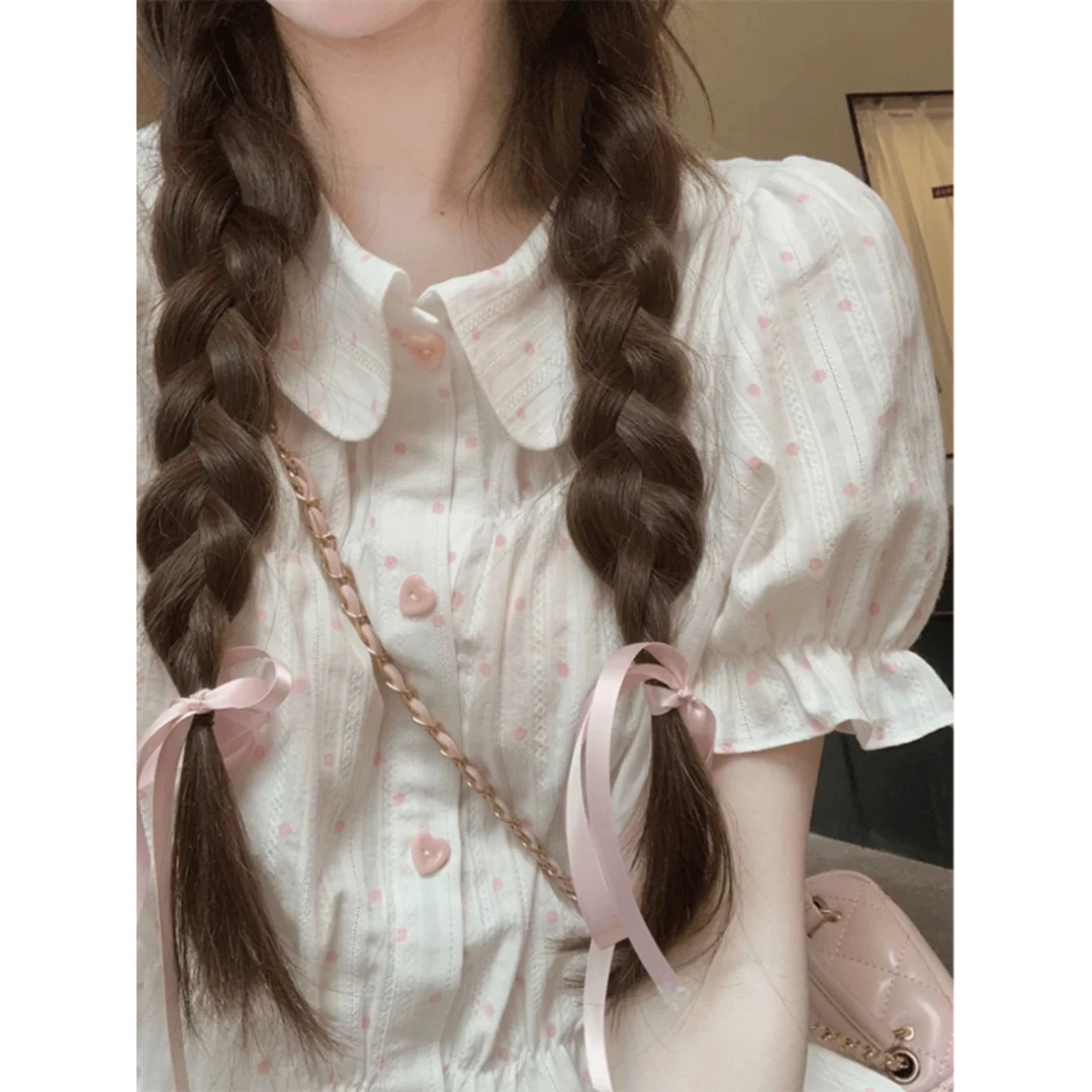 日系甜辣妹波点娃娃领短袖衬衫女夏季小个子显瘦别致