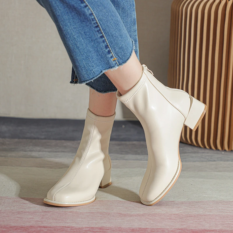 2022秋季新款方头粗跟短靴女显瘦短筒马丁靴低跟软皮气质瘦瘦靴女