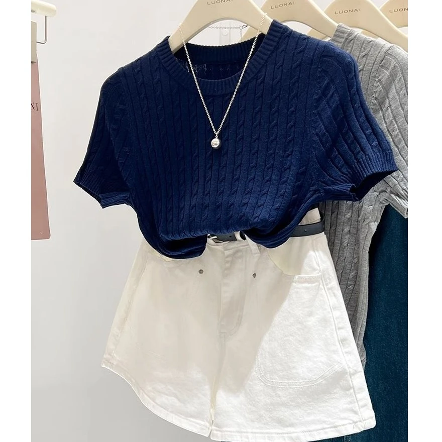 蓝色薄款正肩针织衫短袖t恤女夏季麻花独特别致修身短款上衣女装
