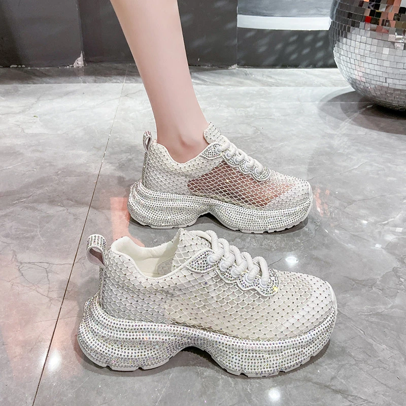 小众透气网面老爹鞋女2025夏季新款厚底水钻渔网运动休闲鞋ins潮