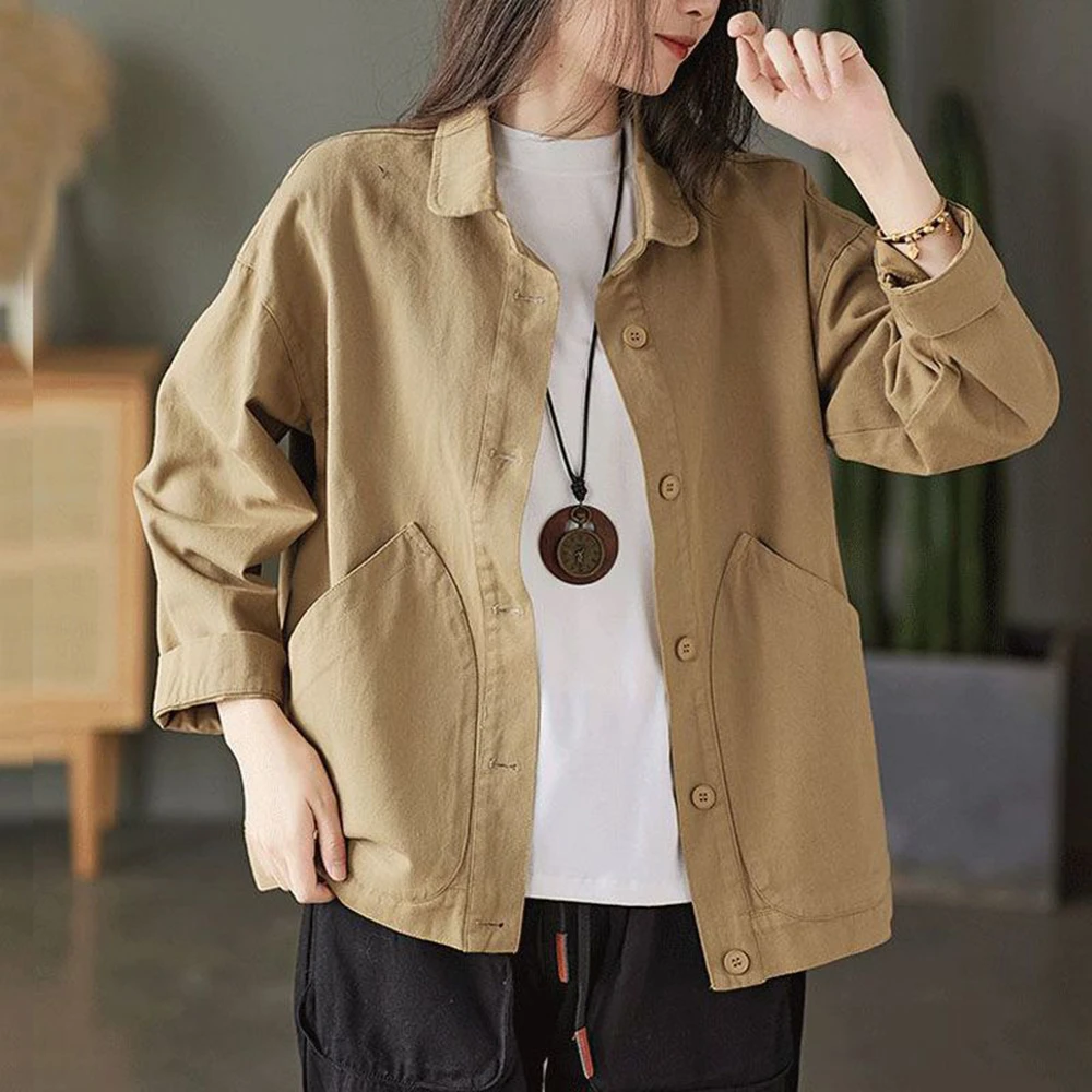 大口袋翻领长袖斜纹棉短外套女早秋新款复古宽松休闲纯色开衫上衣