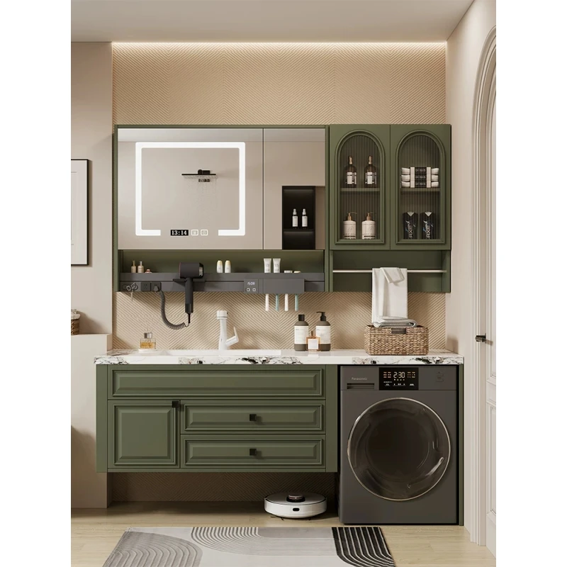 美式洗衣机浴室柜组合岩板无缝一体台盆卫生间洗漱台洗手盆卫浴柜