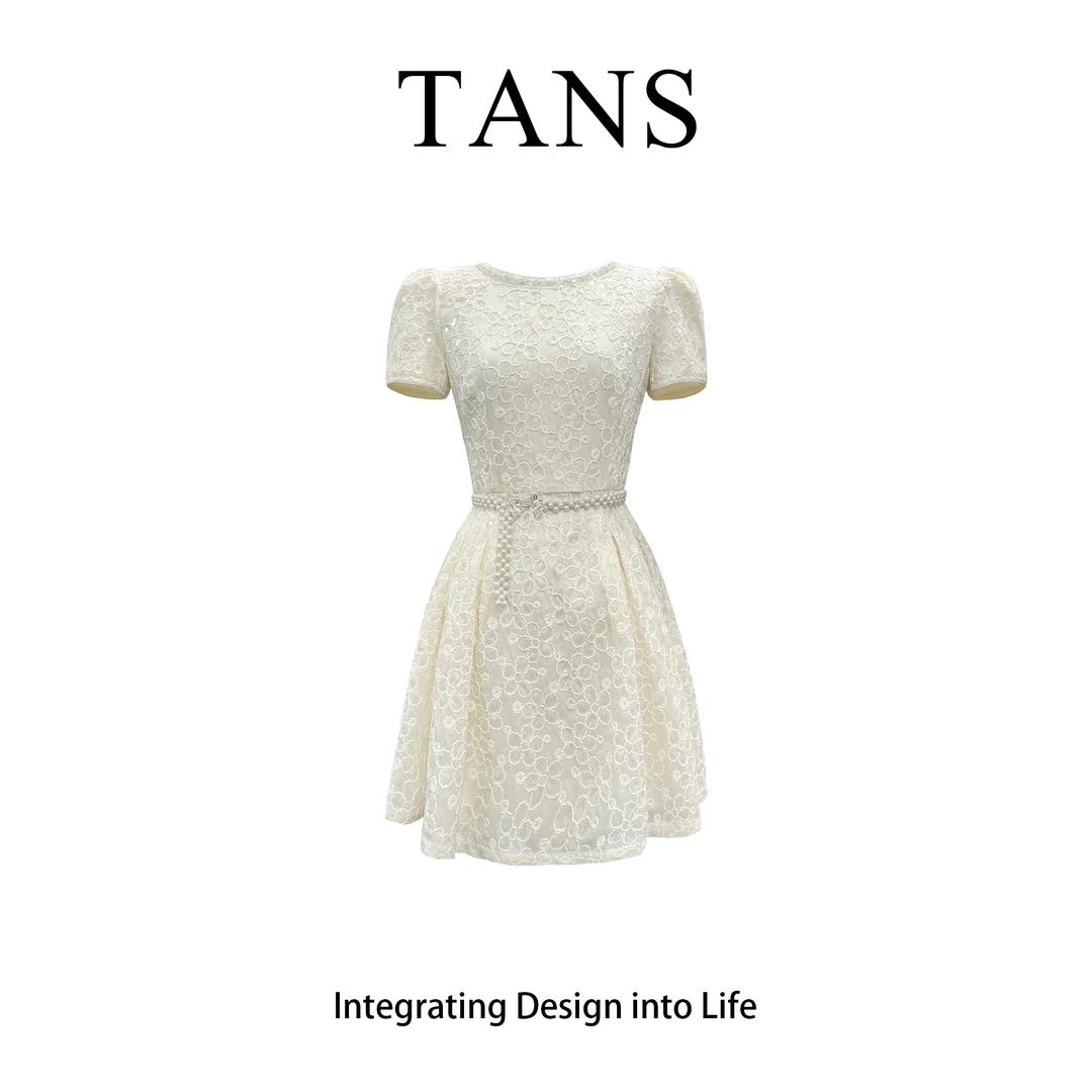 TANS【半岛明月】蕾丝显瘦短款气质轻奢夏季法式泡泡袖设计师连衣裙