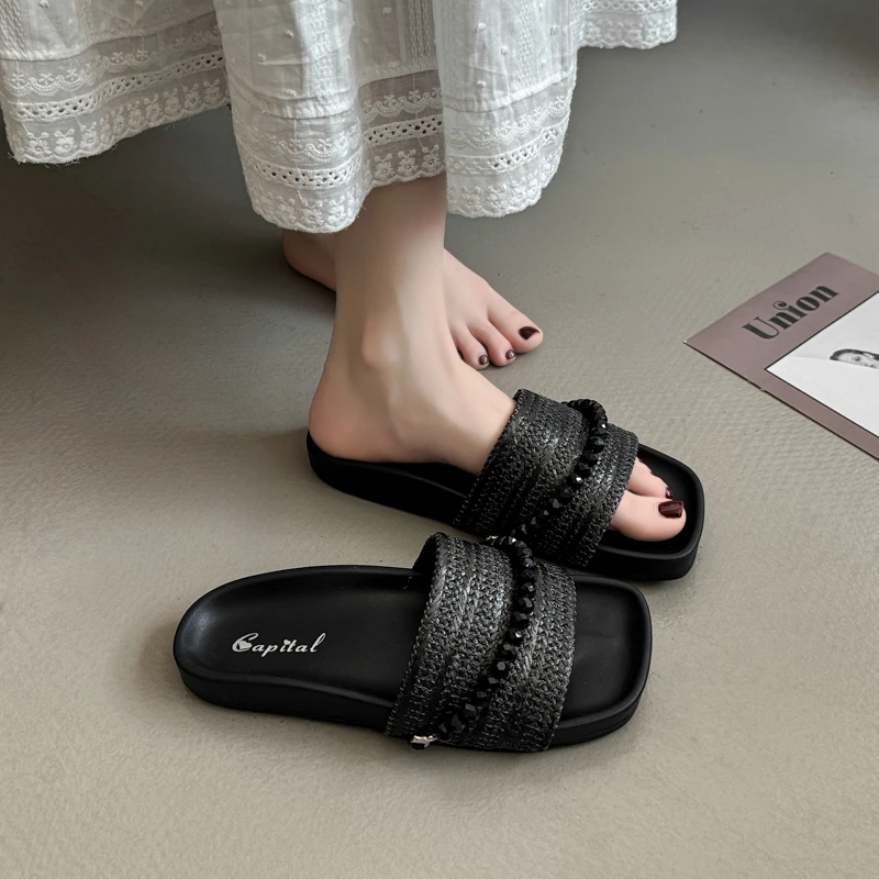 厚底编织渔夫凉拖鞋女2025夏季新款小香风水钻平底一字拖鞋女外穿