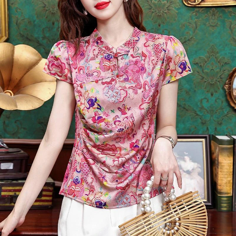 国风盘扣旗袍立领短袖衬衫女士夏装新款气质显瘦小衫洋气碎花上衣