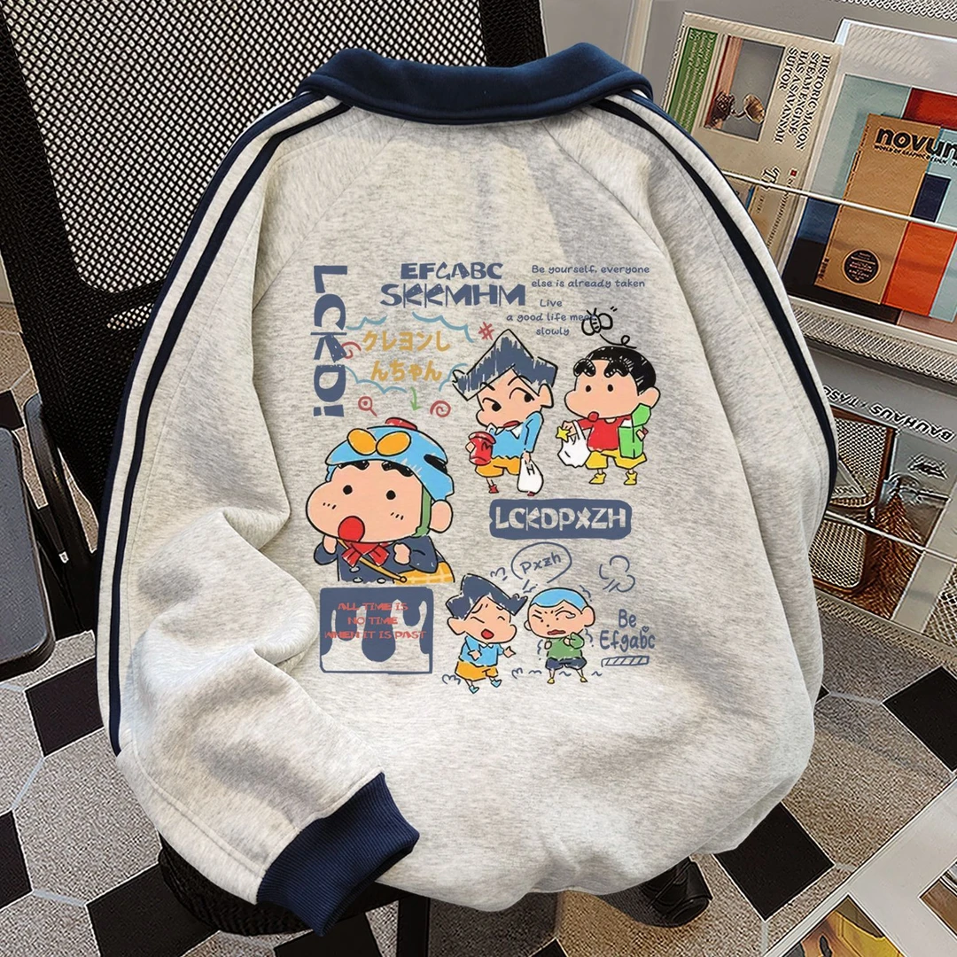 日系卡通复古三条杠加绒加厚翻领拼接卫衣男女秋冬季宽松显瘦外套