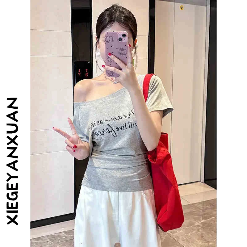 短袖T恤女夏季新款时尚字母印花宽松斜肩一字肩显瘦百搭上衣