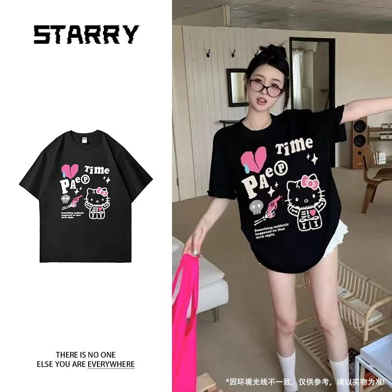 美式复古可爱骷髅猫咪印花短袖落肩T恤女夏季新款宽松中长款百搭