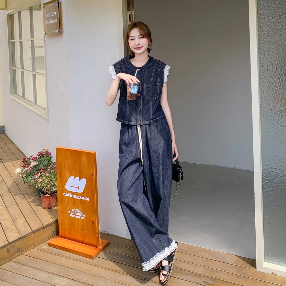 牛仔花边马甲阔腿裤套装女2025夏季新款显瘦气质爆款高级感两件套