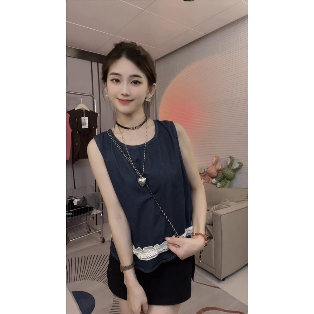 2025年夏季新款韩版甜美百搭拼接蕾丝花边圆领背心宽松百搭上衣女