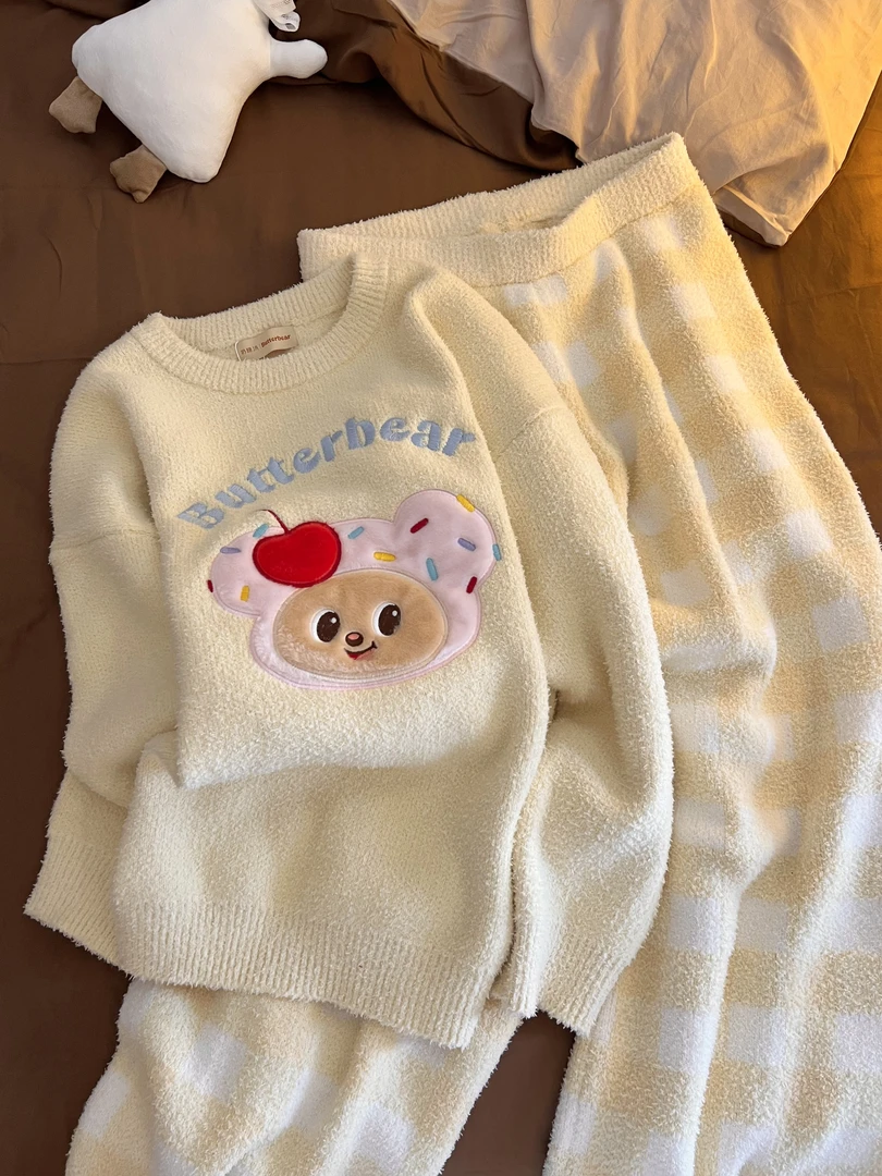 韩系樱桃小熊印花卡通针织毛衣半边绒睡衣女秋冬款新款家居服套装